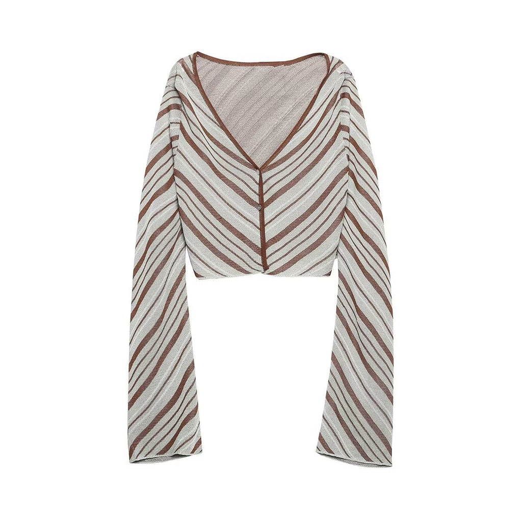 Woman Vintage Striped High Waist Long Skirts Women Elegant Chic V-Neck Long Sleeves Buttons Cardigan Tops