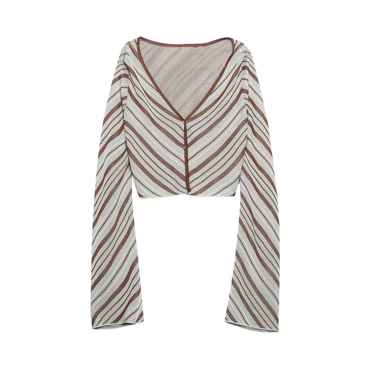 Woman Vintage Striped High Waist Long Skirts Women Elegant Chic V-Neck Long Sleeves Buttons Cardigan Tops
