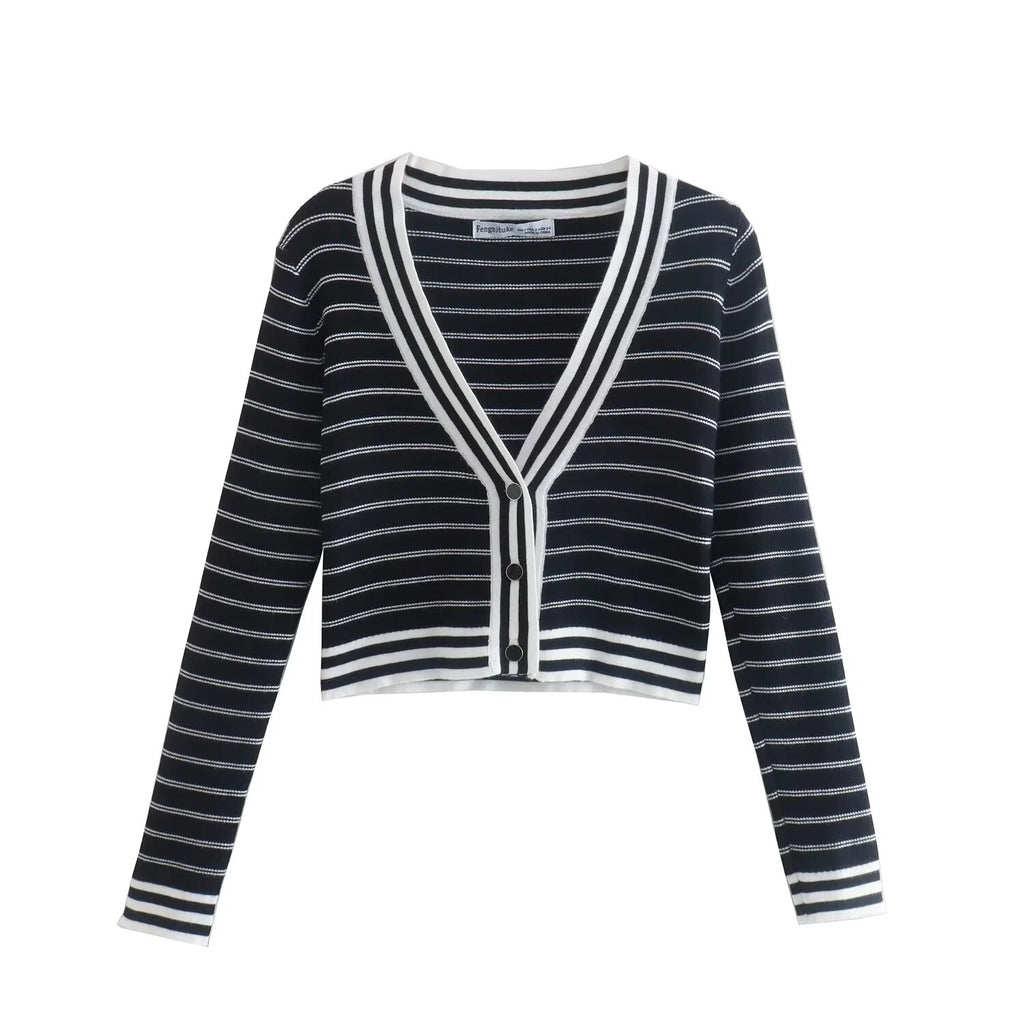 Woman Knitted Cardigan Autumn Sweater Stripe Knitted Casual Long Sleeve Cardigans Coat Button Up Vintage Tops