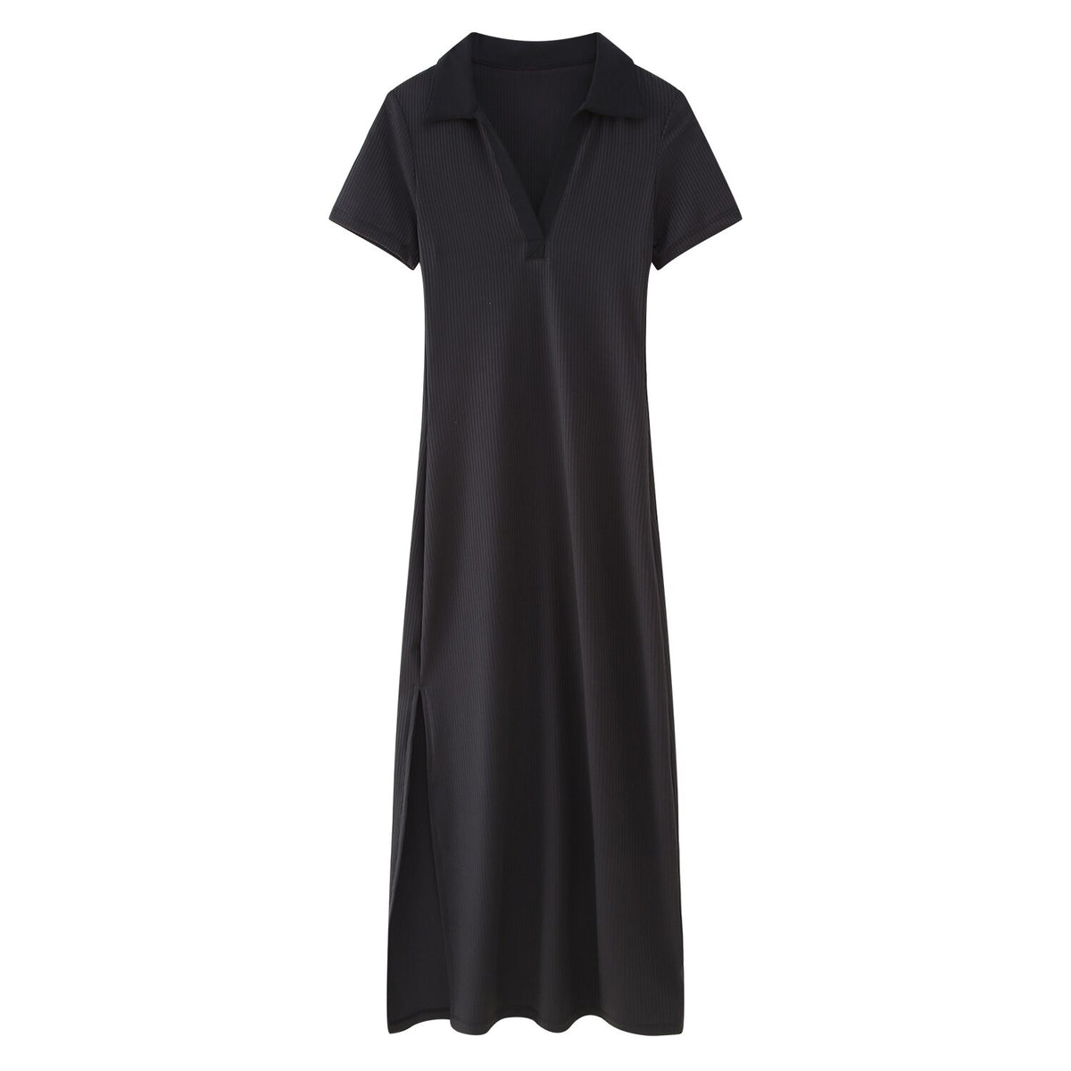 Women Fashion Rib Slim Fit Dress Woman Casual Versatile Polo Neck Short Sleeve Side Split Female Midi Dresses