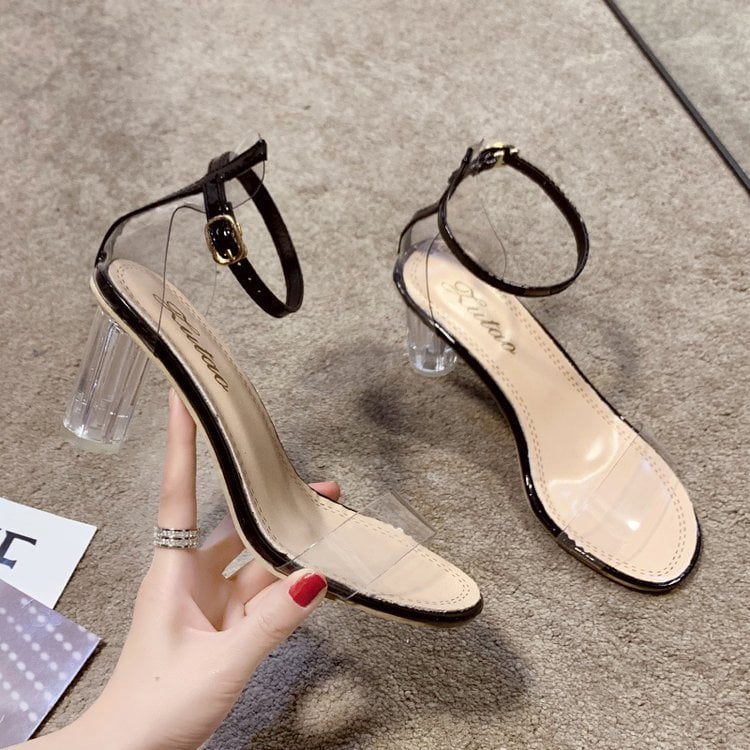 Crystal Chunky Heels Transparent Sandals with Buckle