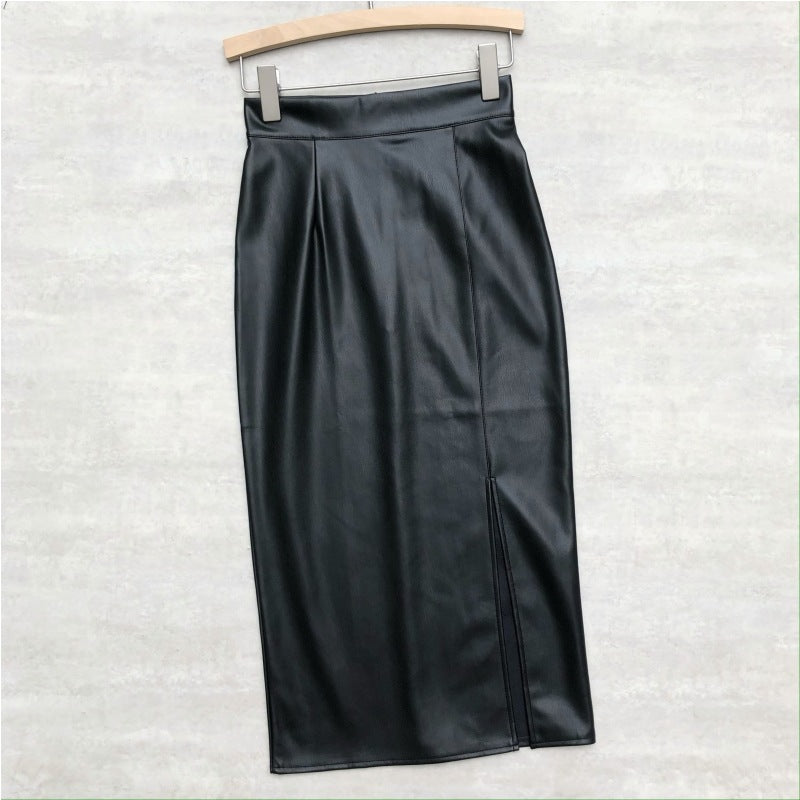 High-Waisted PU Leather Midi Skirt with Slit