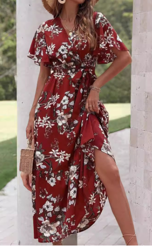 Red V-neck Holiday Dress for Women (European & American)