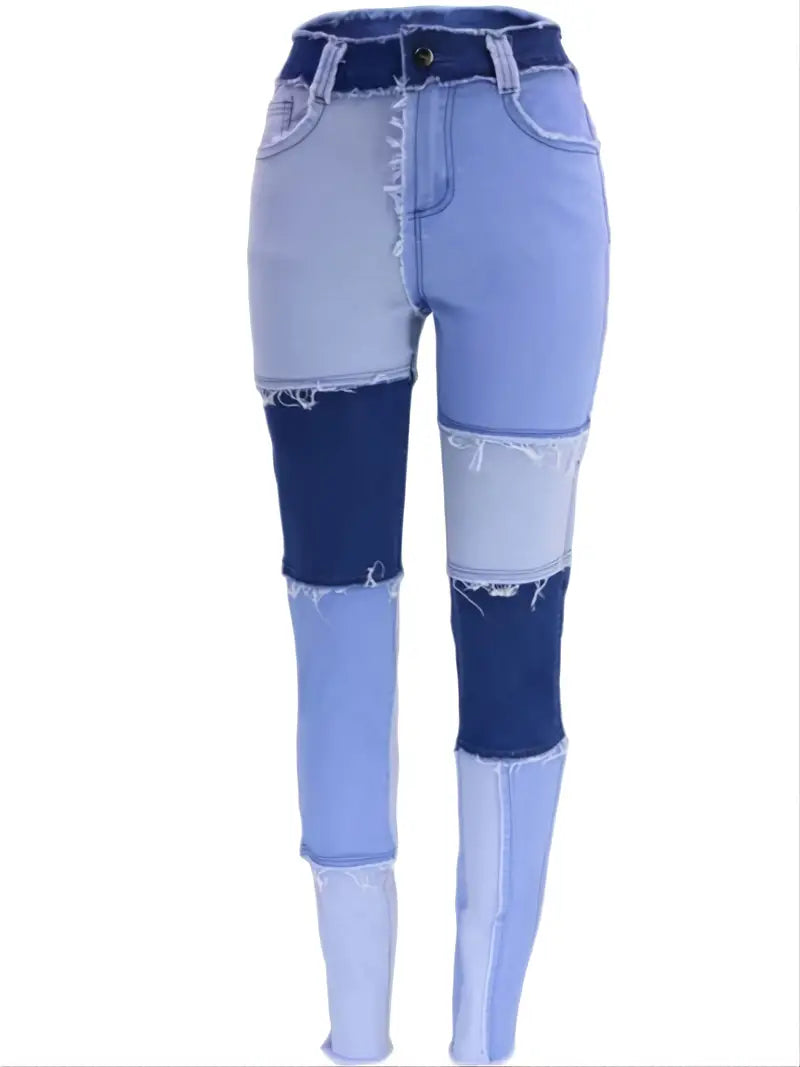 High Rise Patchwork Skinny Jeans with Slash Pockets