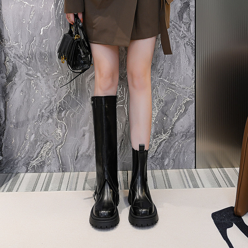 Knee-High Stretch Boots with Round Head Muffin Bottom
