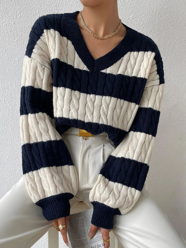 Color-Blocked Loose V-Neck Knitted Sweater for Women