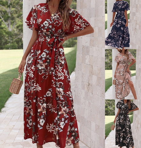 Red V-neck Holiday Dress for Women (European & American)