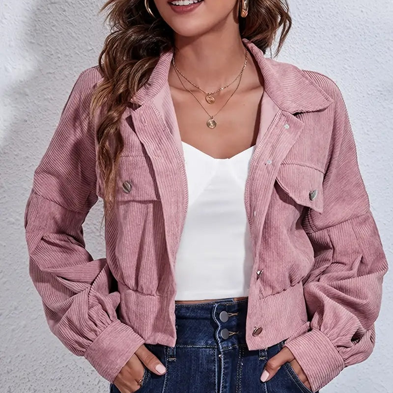 Corduroy Crop Jacket with Lantern Sleeves and Plaid