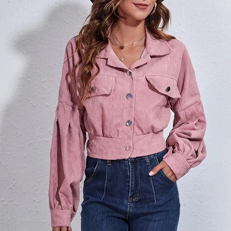 Corduroy Crop Jacket with Lantern Sleeves and Plaid