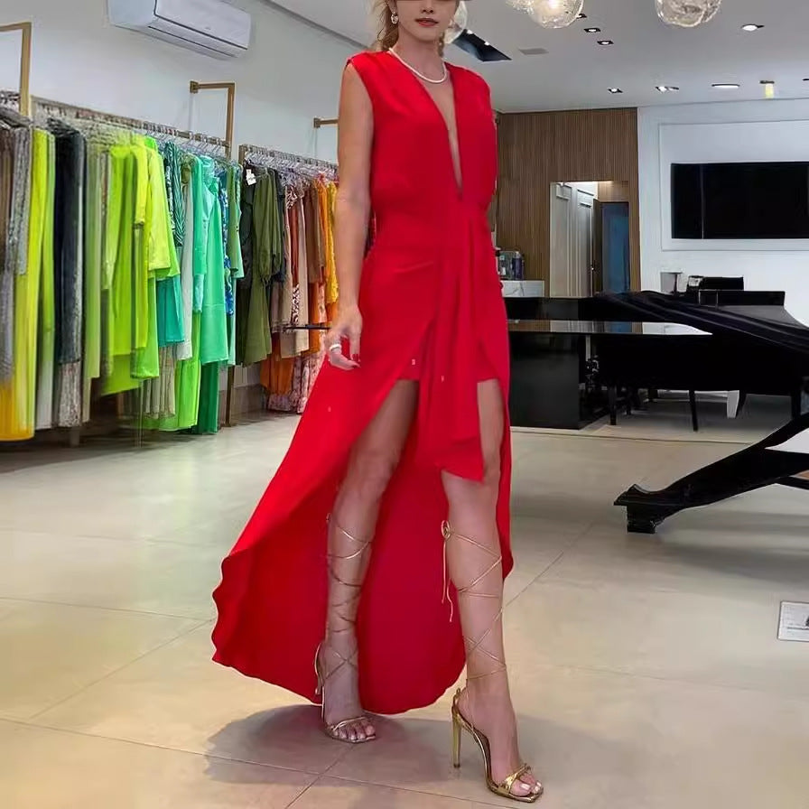2023 New Women's Sleeveless V-Neck Irregular Dress