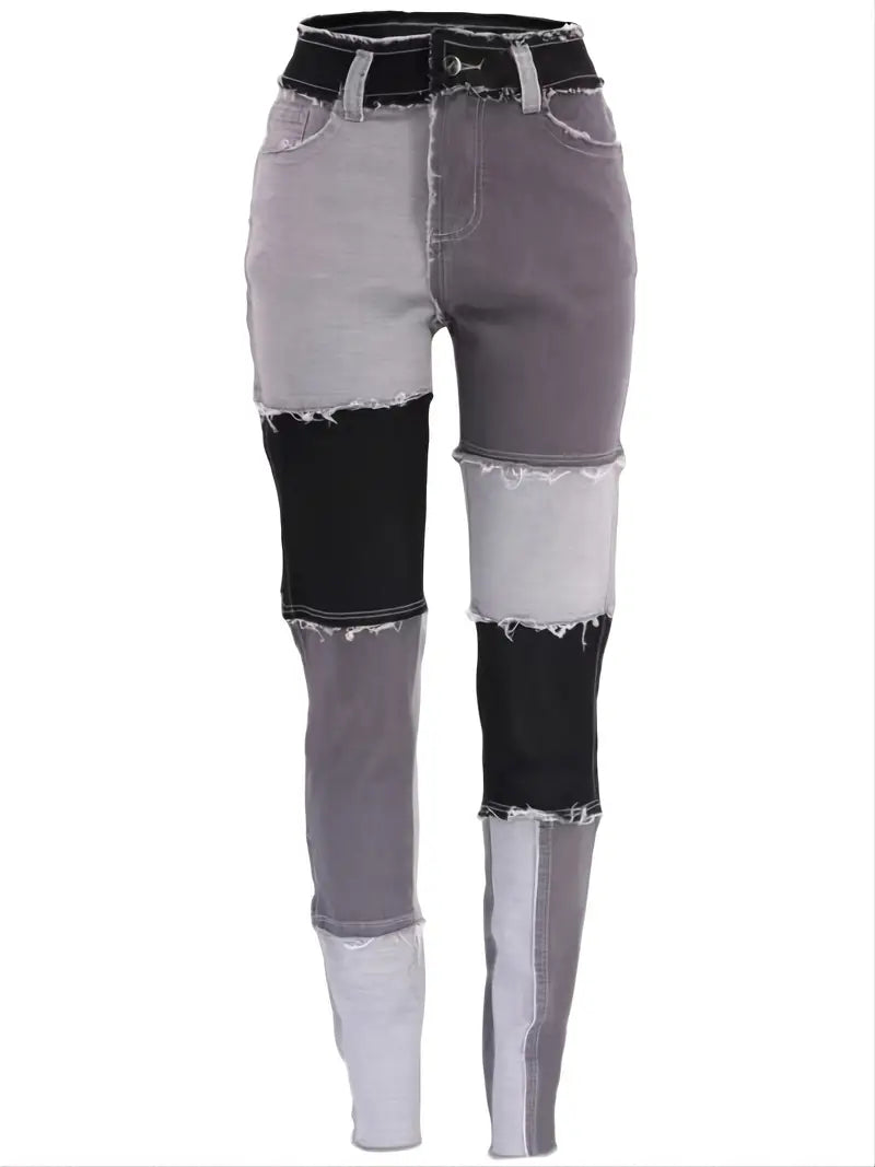 High Rise Patchwork Skinny Jeans with Slash Pockets