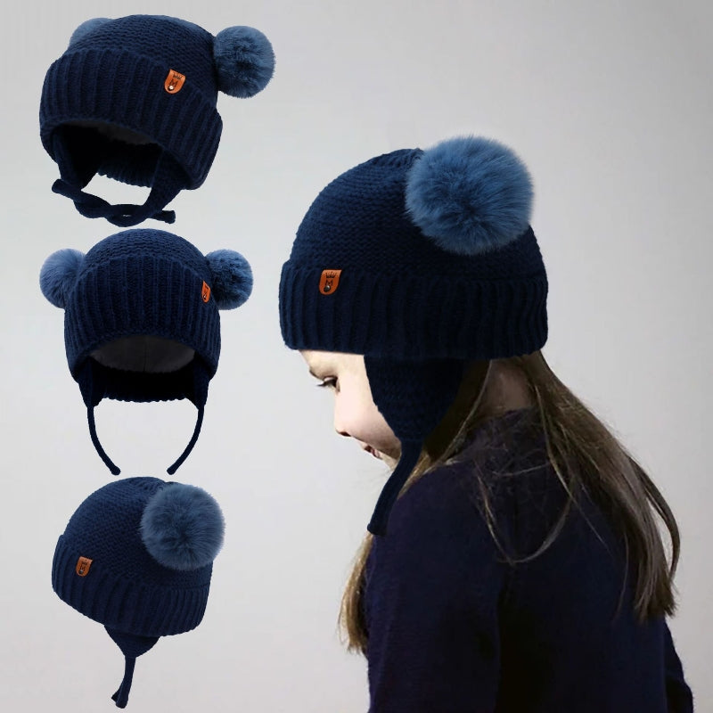 Cute Knitted Baby Hat with Double Ball and Ear Protection