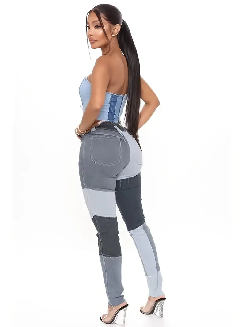 High Rise Patchwork Skinny Jeans with Slash Pockets