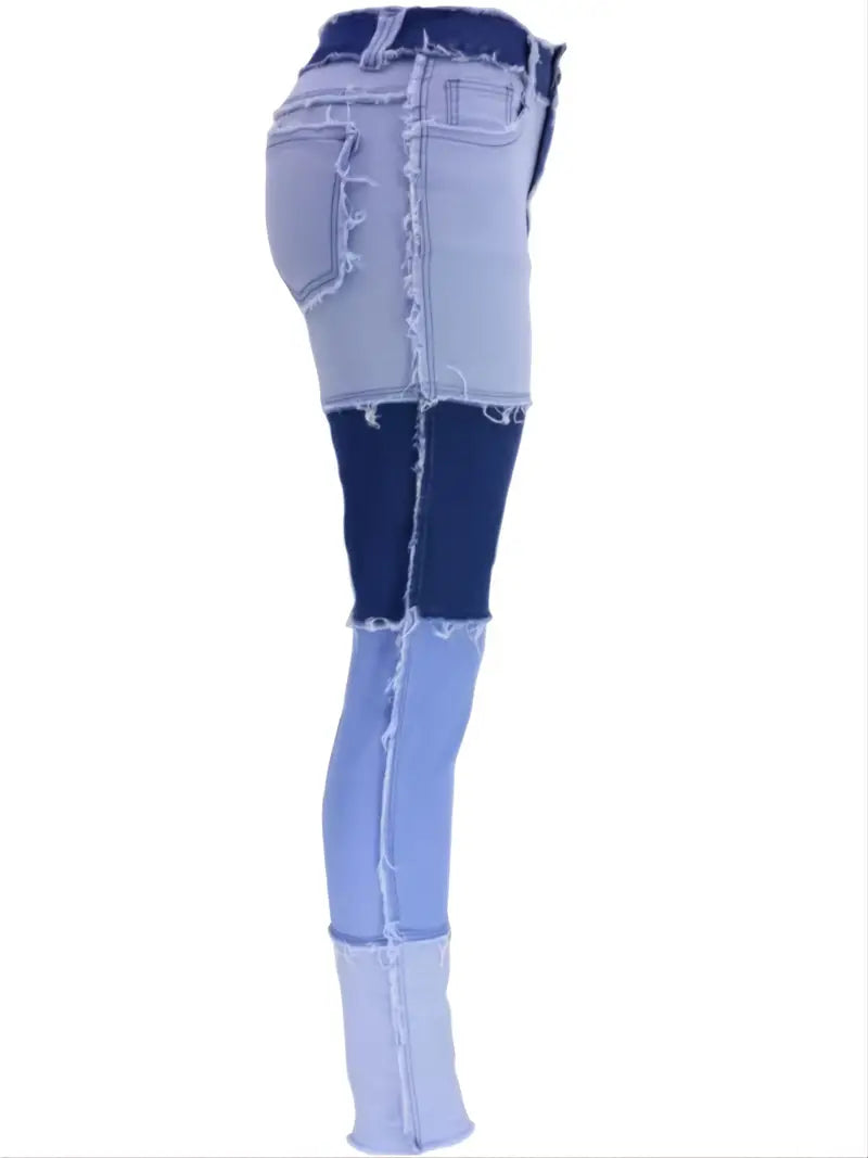 High Rise Patchwork Skinny Jeans with Slash Pockets