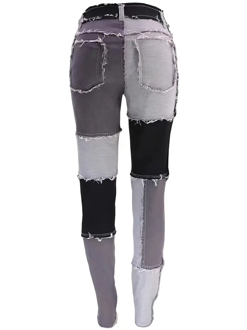 High Rise Patchwork Skinny Jeans with Slash Pockets