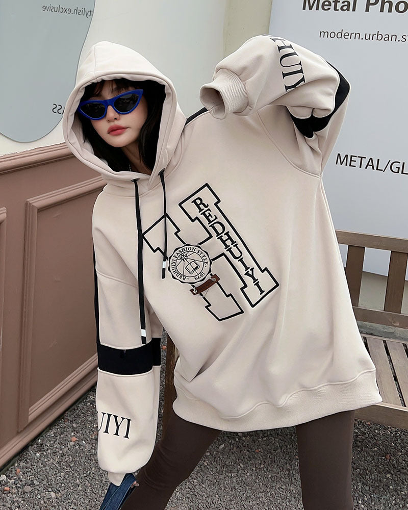 Embroidered Velvet Hooded Sweatshirt for Women