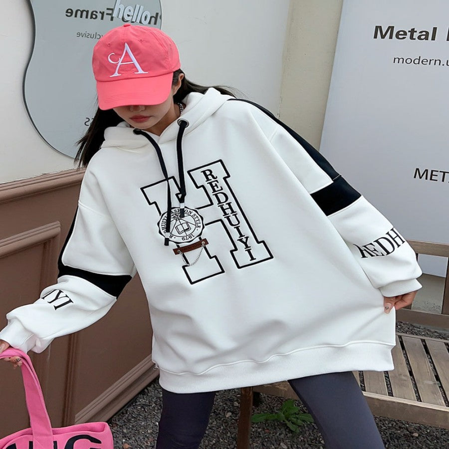 Embroidered Velvet Hooded Sweatshirt for Women