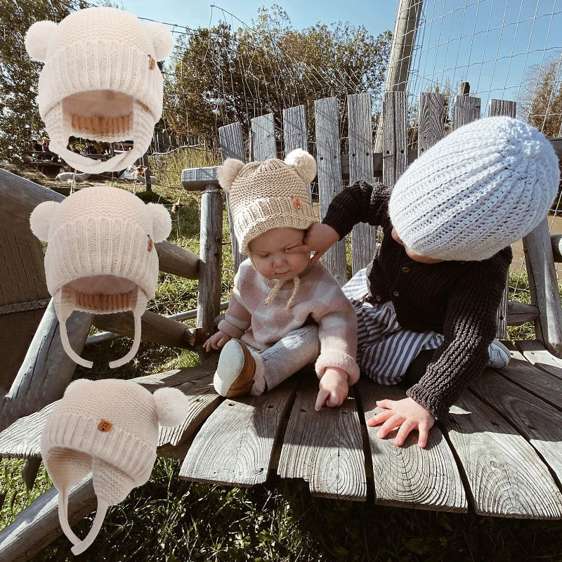 Cute Knitted Baby Hat with Double Ball and Ear Protection