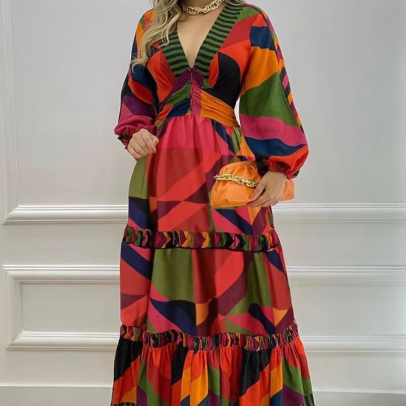 Fall Long Printed V-Neck Dress