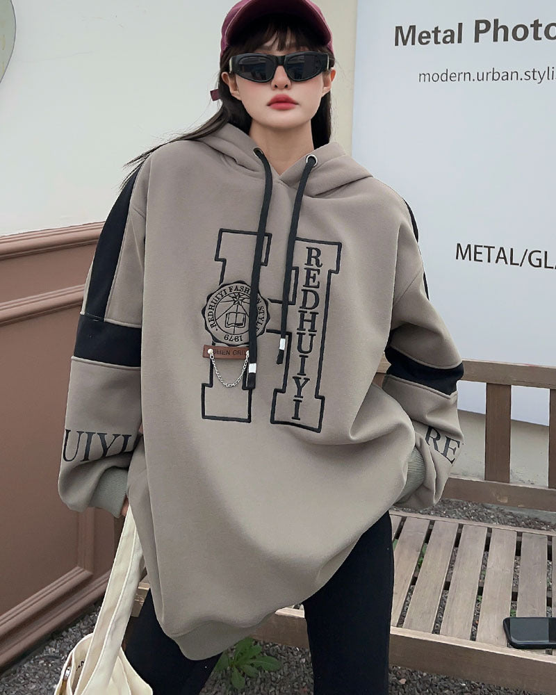 Embroidered Velvet Hooded Sweatshirt for Women