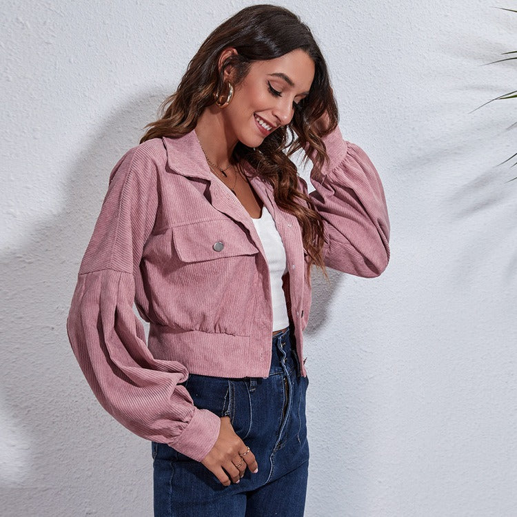 Corduroy Crop Jacket with Lantern Sleeves and Plaid