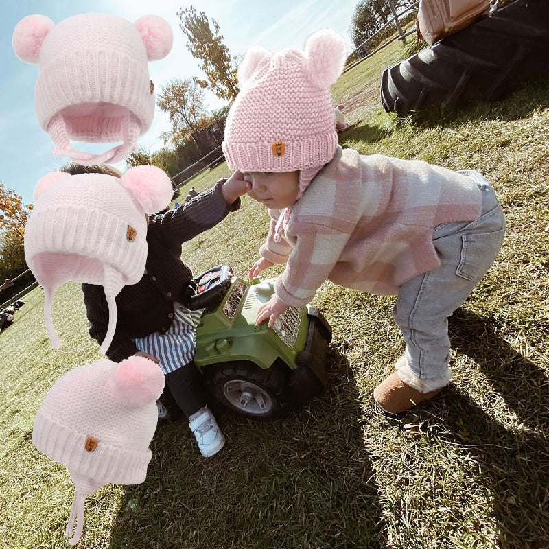 Cute Knitted Baby Hat with Double Ball and Ear Protection